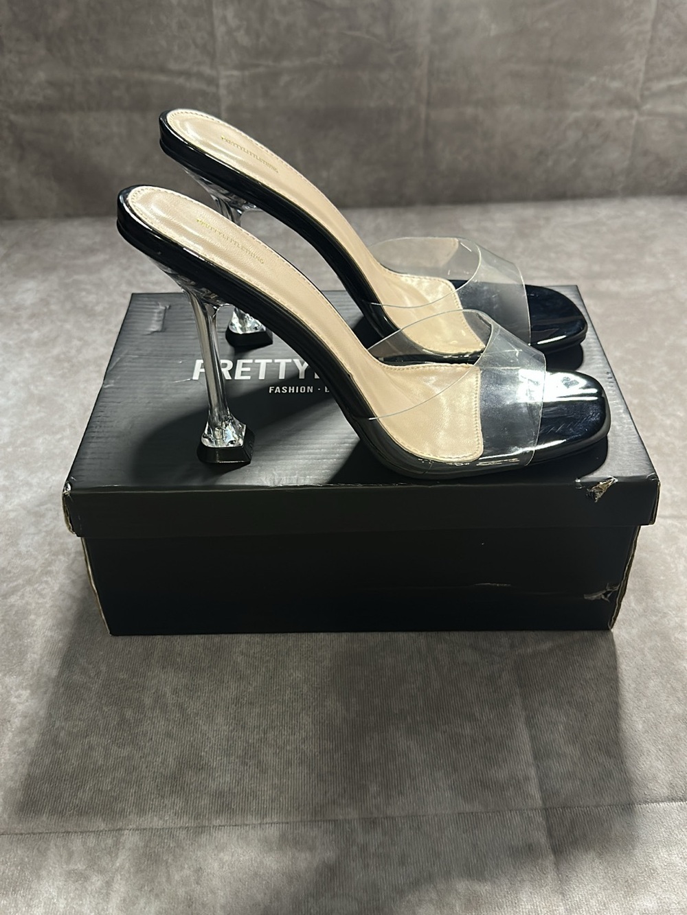 PrettyLittleThing Black Heeled Mules with Clear Strap